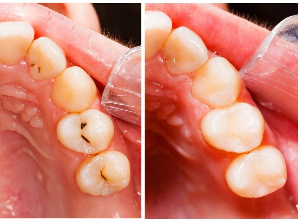 Before and After Dental Cavities Replaced with White Cavity Filling. Before and After Dental Cavities Replaced with White Cavity Filling.